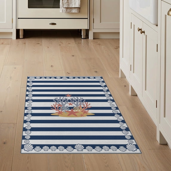 ODIKA 3'x5' Washable Throw Rug Stain Resistant, Low Profile, Non-Slip Striped Marine Coral Reef Seashell Border Starfish Motifs Nautical Flowing for Entryway, Kitchen, Mudroom