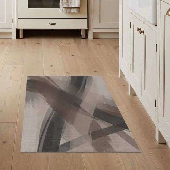 ODIKA 3'x5' Washable Throw Rug Stain Resistant, Low Profile, Non-Slip Strokes Distressed Neutral Playroom Abstract Contemporary Painterly Playful for Entryway, Kitchen, Mudroom