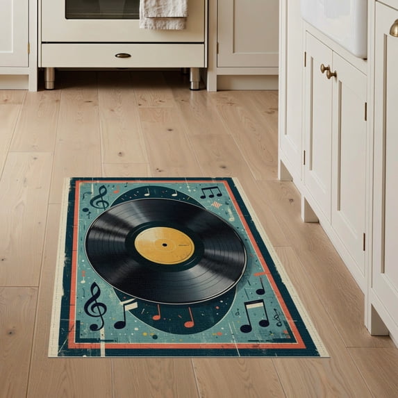 ODIKA 3'x5' Washable Throw Rug Stain Resistant, Low Profile, Non-Slip Vinyl Vintage Record Music Note Geometric Border Retro Concentric for Entryway, Kitchen, Mudroom