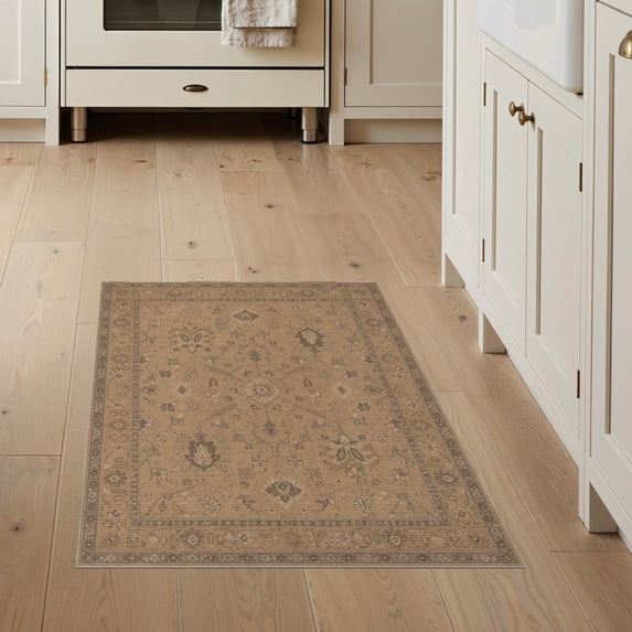 ODIKA 3'x5' Washable Throw Rug Stain Resistant, Low Profile, Non-Slip Warm Beige Elegance with Timeless Floral Motifs Intricate Border and Symmetrical Design for Entryway, Kitchen, Mudroom