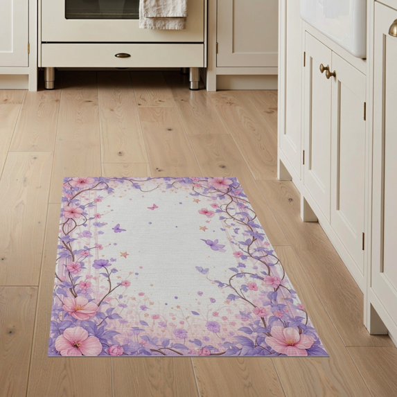 ODIKA 3'x5' Washable Throw Rug Purple Pink Pastel Fairy Tale Design Whimsical Floral Stripes with Stars and Bows for Entryway, Kitchen, Mudroom, Stain Resistant, Low Profile, Non-Slip