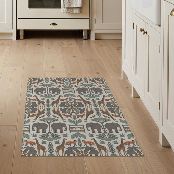 ODIKA 3'x5' Washable Throw Rug Zoo Organized Tone Repeated Classroom Playroom Daycare Animals for Entryway, Kitchen, Mudroom, Stain Resistant, Low Profile, Non-Slip