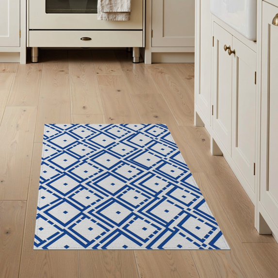 ODIKA 3'x5' White Blue Geometric Diamond Lattice Washable Area Rug Contemporary Interlocking Square Motifs Non-Slip, Flatweave, Easy Care for Hallway, Laundry Room