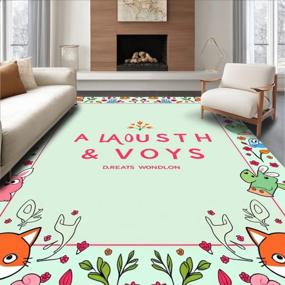 ODIKA 3'x5' Machine Washable Non-Slip Area Rug, ABC Learning with Enchanting Forest Wildlife Design High Traffic Rug with Pad, Light Green, 696331