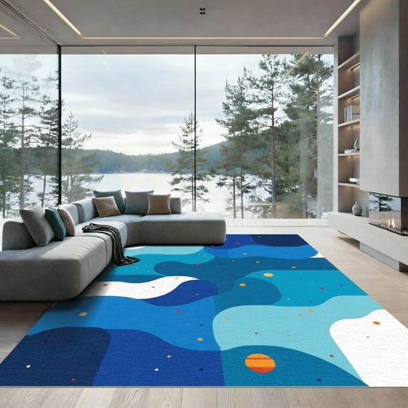 ODIKA 3'x5' Machine Washable Non-Slip Area Rug, Abstract Blue High Traffic Rug, Blue, 1070854