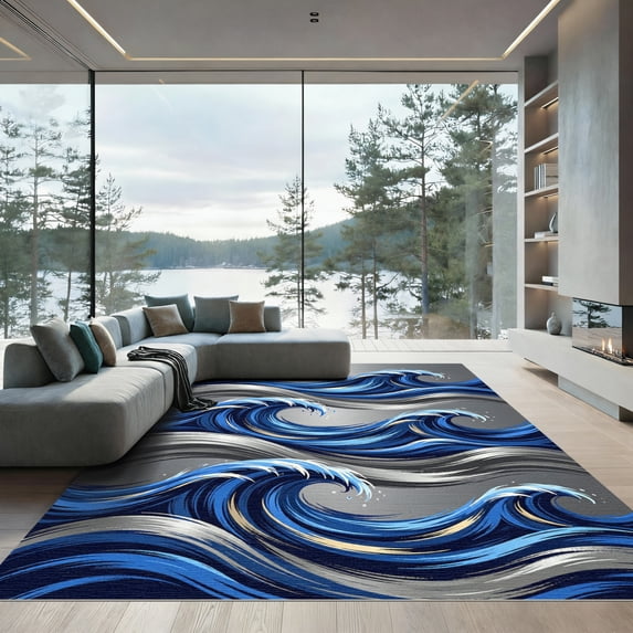 ODIKA 3'x5' Machine Washable Non-Slip Area Rug, Abstract Blue High Traffic Rug, Blue, 956048