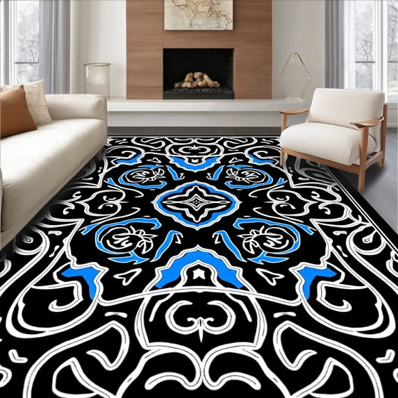 ODIKA 3'x5' Machine Washable Non-Slip Area Rug, Abstract Boho Artistic Interlocking Medallion Swirl High Traffic Rug with Pad, Black, 574898