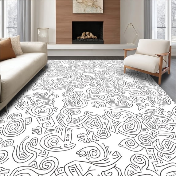 ODIKA 3'x5' Machine Washable Non-Slip Area Rug, Abstract Elephant Mosaic with Spiraling Christmas High Traffic Rug, Black, 742362