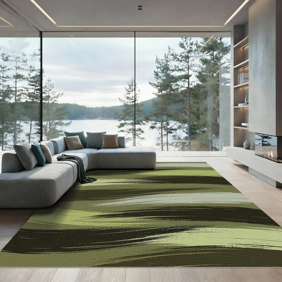 ODIKA 3'x5' Machine Washable Non-Slip Area Rug, Abstract Green High Traffic Rug, Green, 1284496