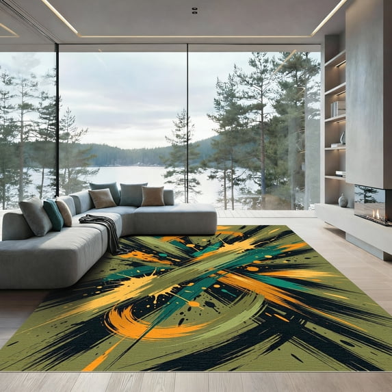 ODIKA 3'x5' Machine Washable Non-Slip Area Rug, Abstract Green High Traffic Rug, Green, 1284505