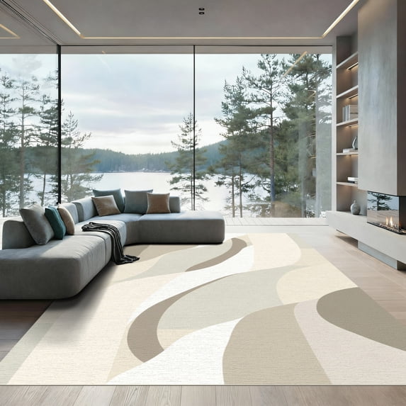 ODIKA 3'x5' Machine Washable Non-Slip Area Rug, Abstract Greige High Traffic Rug with Pad, Beige, 1058122