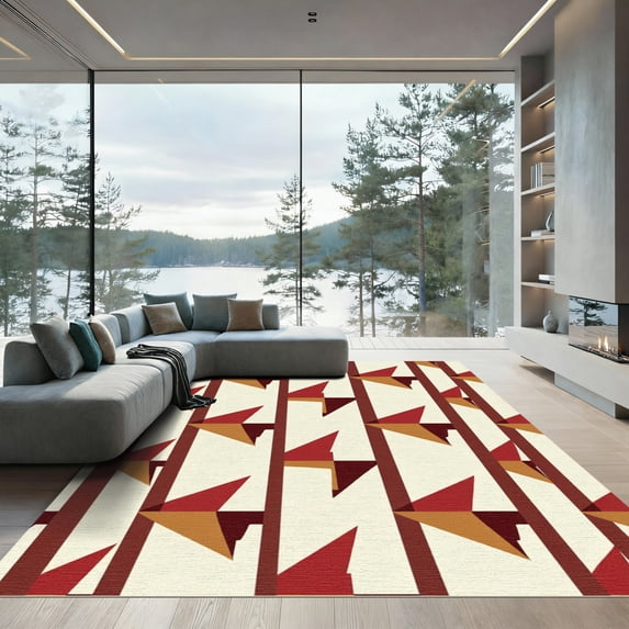 ODIKA 3'x5' Machine Washable Non-Slip Area Rug, Abstract Grid with Angular Lines and Muted Earth Tones High Traffic Rug with Pad, Ivory, 926562