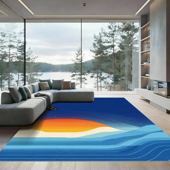 ODIKA 3'x5' Machine Washable Non-Slip Area Rug, Abstract Navy Blue High Traffic Rug, Blue, 1067589