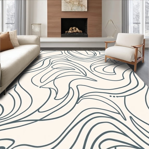 ODIKA 3'x5' Machine Washable Non-Slip Area Rug, Abstract Nordic Waves Featuring Art Influences High Traffic Rug, Ivory, 463942
