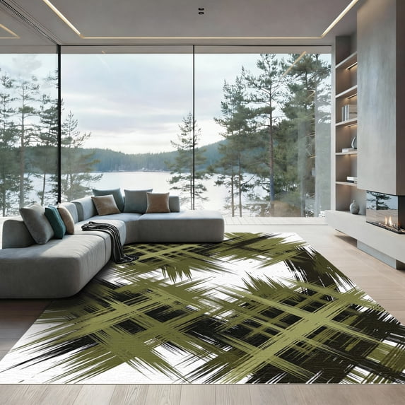 ODIKA 3'x5' Machine Washable Non-Slip Area Rug, Abstract Olive Green High Traffic Rug, Green, 1284501