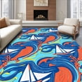 thumbnail image 1 of ODIKA 3'x5' Machine Washable Non-Slip Area Rug, Abstract Sailboat with Dynamic Wave Stripes and Coral Highlights High Traffic Rug with Pad, Blue, 709692, 1 of 8