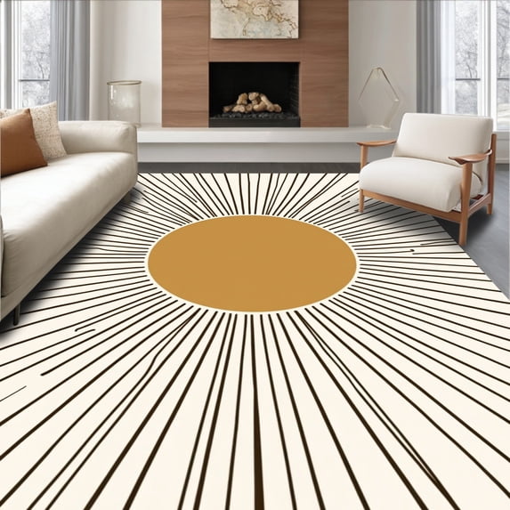 ODIKA 3'x5' Machine Washable Non-Slip Area Rug, Abstract Sunburst Medallion with Radiant Motifs High Traffic Rug, White, 449907