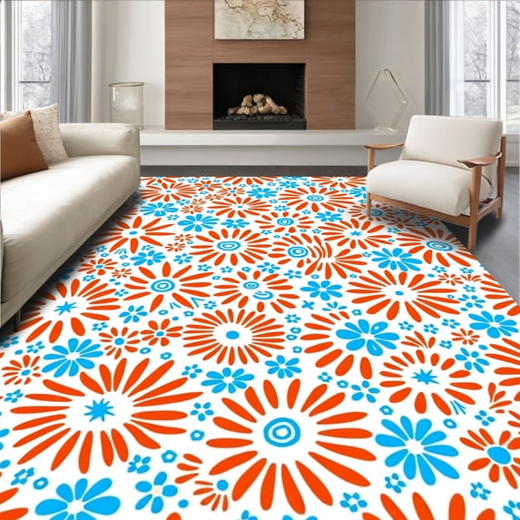ODIKA 3'x5' Machine Washable Non-Slip Area Rug, Abstract Sunburst Non Slip Small Boho High Traffic Rug, Orange, 352444