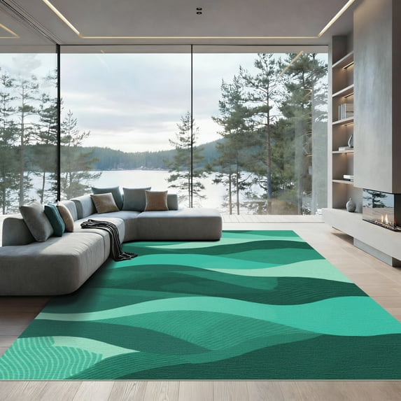 ODIKA 3'x5' Machine Washable Non-Slip Area Rug, Abstract Teal High Traffic Rug, Green, 1050582