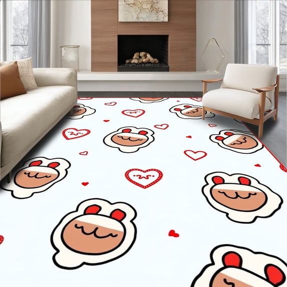 ODIKA 3'x5' Machine Washable Non-Slip Area Rug, Adorable Rodent Themed Entry with Love Symbol Accents High Traffic Rug with Pad, White, 725311