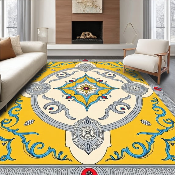 ODIKA 3'x5' Machine Washable Non-Slip Area Rug, Andalusian Dream Featuring Faded Tiled Medallions and Stylized Vines High Traffic Rug, Yellow, 657926