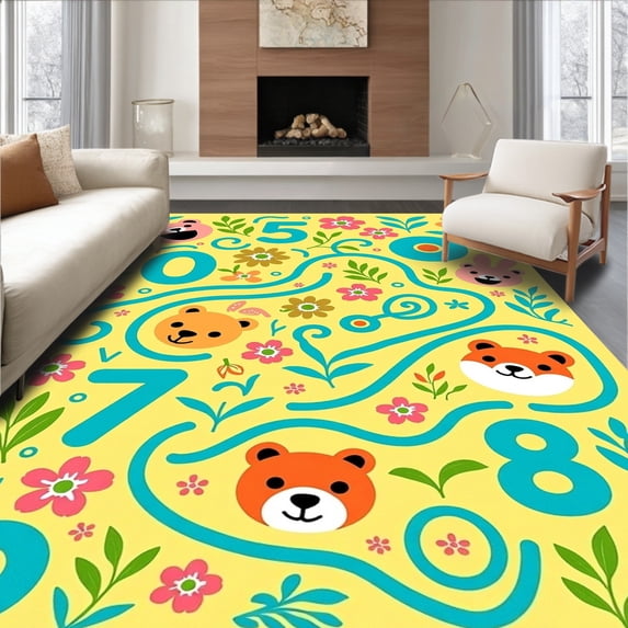 ODIKA 3'x5' Machine Washable Non-Slip Area Rug, Animal Parade Counting Path with Fun Faces and Nature Inspired Motifs High Traffic Rug, Yellow, 685596