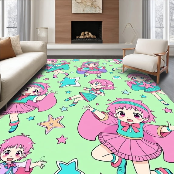 ODIKA 3'x5' Machine Washable Non-Slip Area Rug, Anime Manga Character Adventure Journey Illustration High Traffic Rug with Pad, Pink, 700575