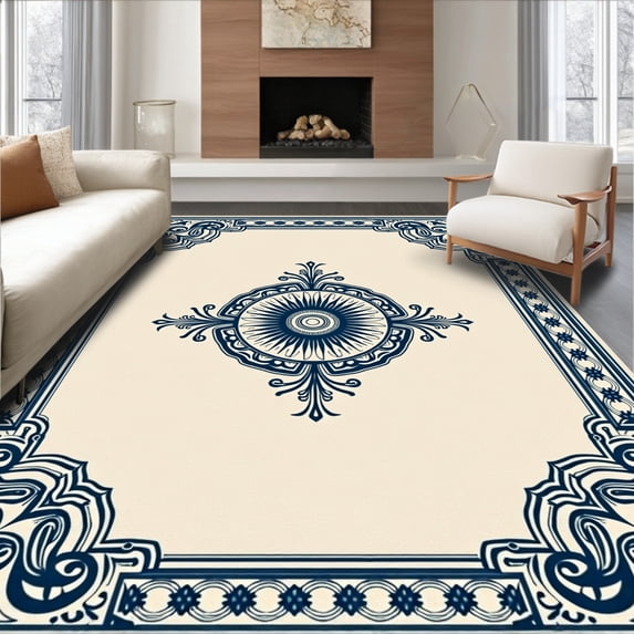 ODIKA 3'x5' Machine Washable Non-Slip Area Rug, Antiqued Heirloom Showcasing Palatial Grandeur High Traffic Rug, Beige, 660347