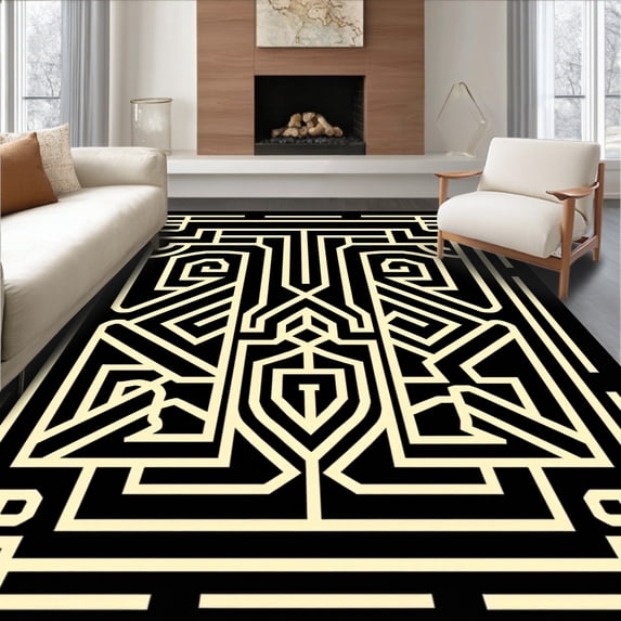ODIKA 3'x5' Machine Washable Non-Slip Area Rug, Art Maze Motif with Interlocking Accents High Traffic Rug with Pad, Black, 657660