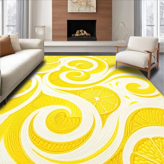 ODIKA 3'x5' Machine Washable Non-Slip Area Rug, Lemon Zest Swirl Floor Art High Traffic Rug with Pad, Yellow, 127518