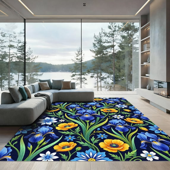 ODIKA 3'x5' Machine Washable Non-Slip Area Rug, Art Nouveau Navy Blue High Traffic Rug, Blue, 1268836