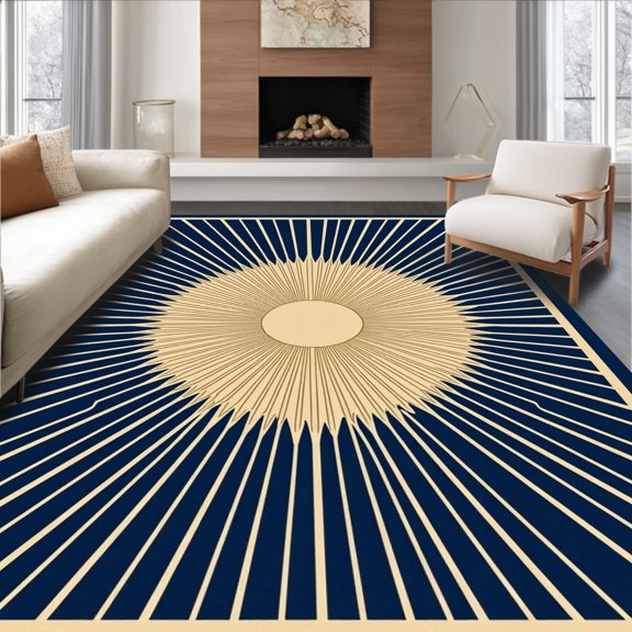 ODIKA 3x5 Machine Washable Non-Slip Area Rug, Art Sunburst Radiating Lines Modern Floor Covering High Traffic Rug, Blue, 571434