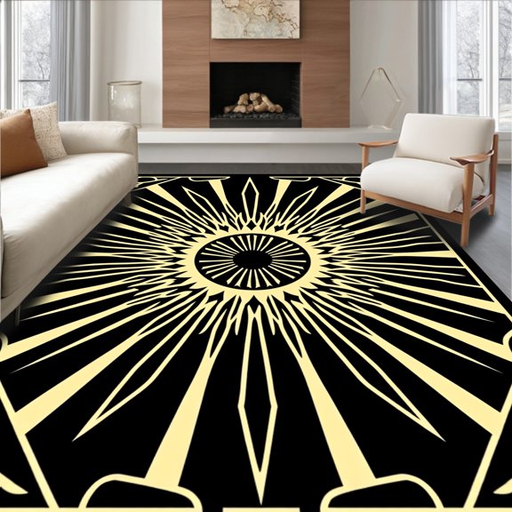 ODIKA 3x5 Machine Washable Non-Slip Area Rug, Art Sunburst Tree Base Cover with Radiating High Traffic Rug, Black, 734525