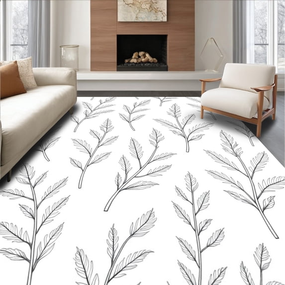 ODIKA 3'x5' Machine Washable Non-Slip Area Rug, Artisan Botanical Print With Delicate Stem Work High Traffic Rug, Black, 389749