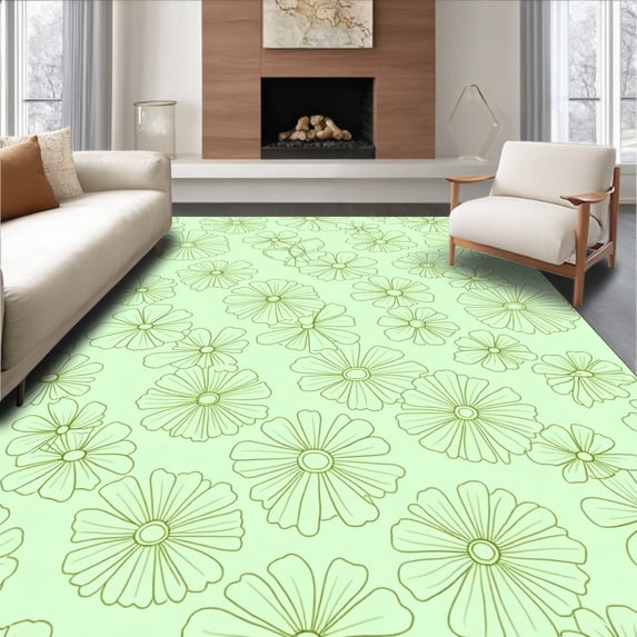 ODIKA 3'x5' Machine Washable Non-Slip Area Rug, Artisan Lattice with Overlapping Floral Details High Traffic Rug with Pad, Green, 590548
