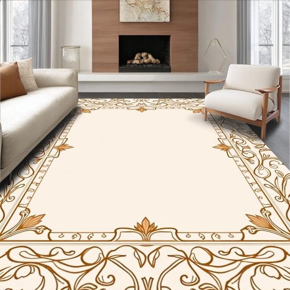 ODIKA 3'x5' Machine Washable Non-Slip Area Rug, Artisan Latticework with Baroque Leaf Filigree and Whispered Edges High Traffic Rug, Beige, 461194