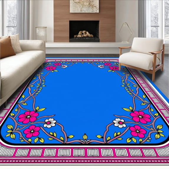 ODIKA 3'x5' Machine Washable Non-Slip Area Rug, Artisan Vine Lattice High Traffic Rug with Pad, Blue, 551225