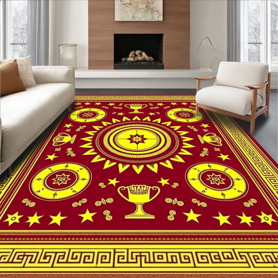 ODIKA 3'x5' Machine Washable Non-Slip Area Rug, Athletic Medallion Accent High Traffic Rug, Red, 668869