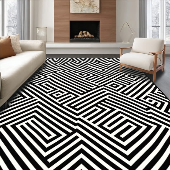 ODIKA 3'x5' Machine Washable Non-Slip Area Rug, Avant garde Zigzag Herringbone Stylish Dynamic Artistic Motif High Traffic Rug, Black, 580931