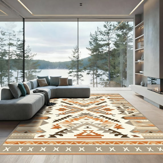 ODIKA 3'x5' Machine Washable Non-Slip Area Rug, Aztec Beige High Traffic Rug, Beige, 1058600