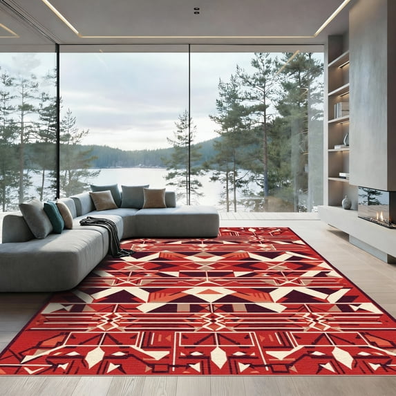 ODIKA 3x5 Machine Washable Non-Slip Area Rug, Aztec Red High Traffic ...