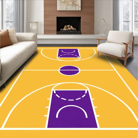 ODIKA 3'x5' Machine Washable Non-Slip Area Rug, Basketball Court Yellow Floor Purple Key Lines High Traffic Rug with Pad, Yellow, 841065
