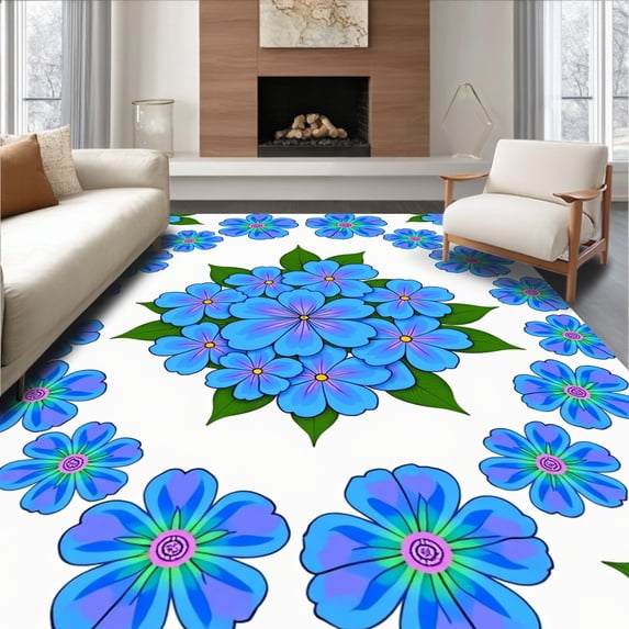 ODIKA 3'x5' Machine Washable Non-Slip Area Rug, Blooming Hydrangea Latch Hook Cushion Needlecraft Project DIY High Traffic Rug with Pad, Blue, 733695