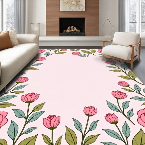 ODIKA 3'x5' Machine Washable Non-Slip Area Rug, Blooming Meadow with Intricate Botanical Motifs High Traffic Rug, Pink, 704239