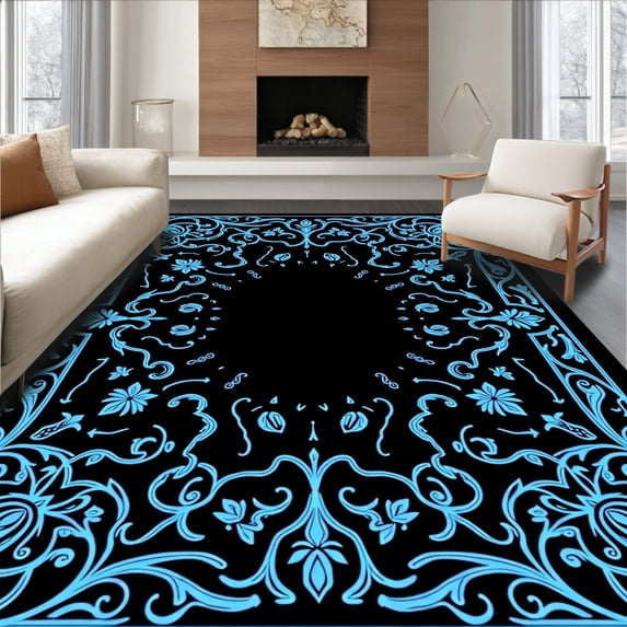 ODIKA 3'x5' Machine Washable Non-Slip Area Rug, Blossom Swirl Enchanted Mystical Dreamscape High Traffic Rug with Pad, Black, 597531