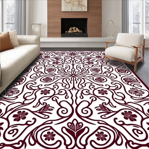 ODIKA 3'x5' Machine Washable Non-Slip Area Rug, Blossom Vine Intertwined Scrollwork High Traffic Rug, Brown, 614571