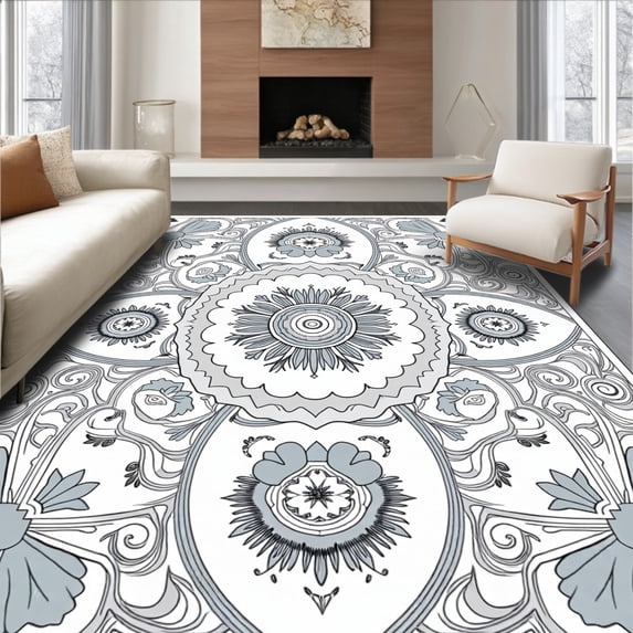 ODIKA 3'x5' Machine Washable Non-Slip Area Rug, Blossom with Radiating Petal Formations High Traffic Rug, Gray, 663121