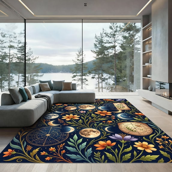 ODIKA 3'x5' Machine Washable Non-Slip Area Rug, Bohemian Navy High Traffic Rug, Blue, 1165131