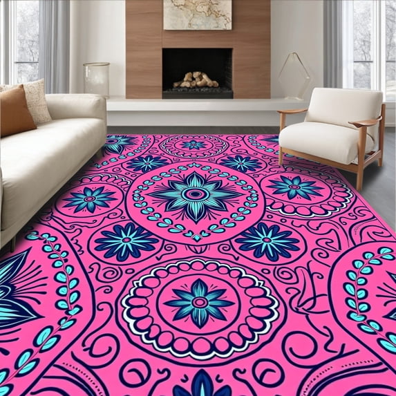 ODIKA 3'x5' Machine Washable Non-Slip Area Rug, Bohemian Paisley Swirl Showcasing Vintage Damask Flourishes High Traffic Rug with Pad, Pink, 705913