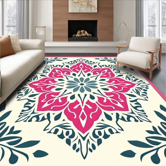 ODIKA 3'x5' Machine Washable Non-Slip Area Rug, Boho Floral Medallion Transitional Elegant Timeless Practical Accessory High Traffic Rug, Pink, 571737